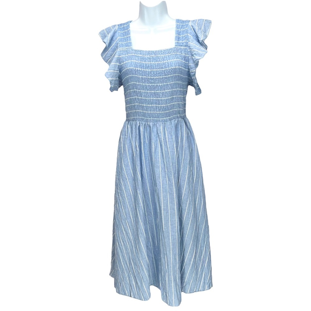 Simplee Linen Striped Smock Midi Dress‎ w/ Ruffled Cap Sleeve & 2 Pockets - Picture 2 of 9